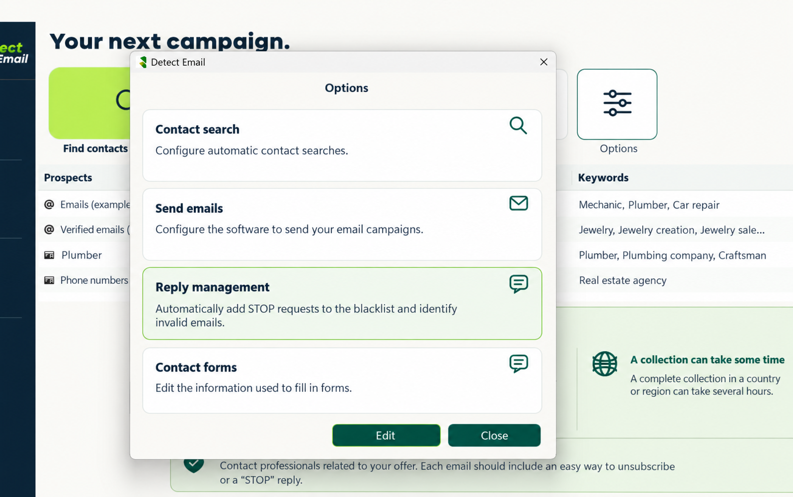 Options · Reply management