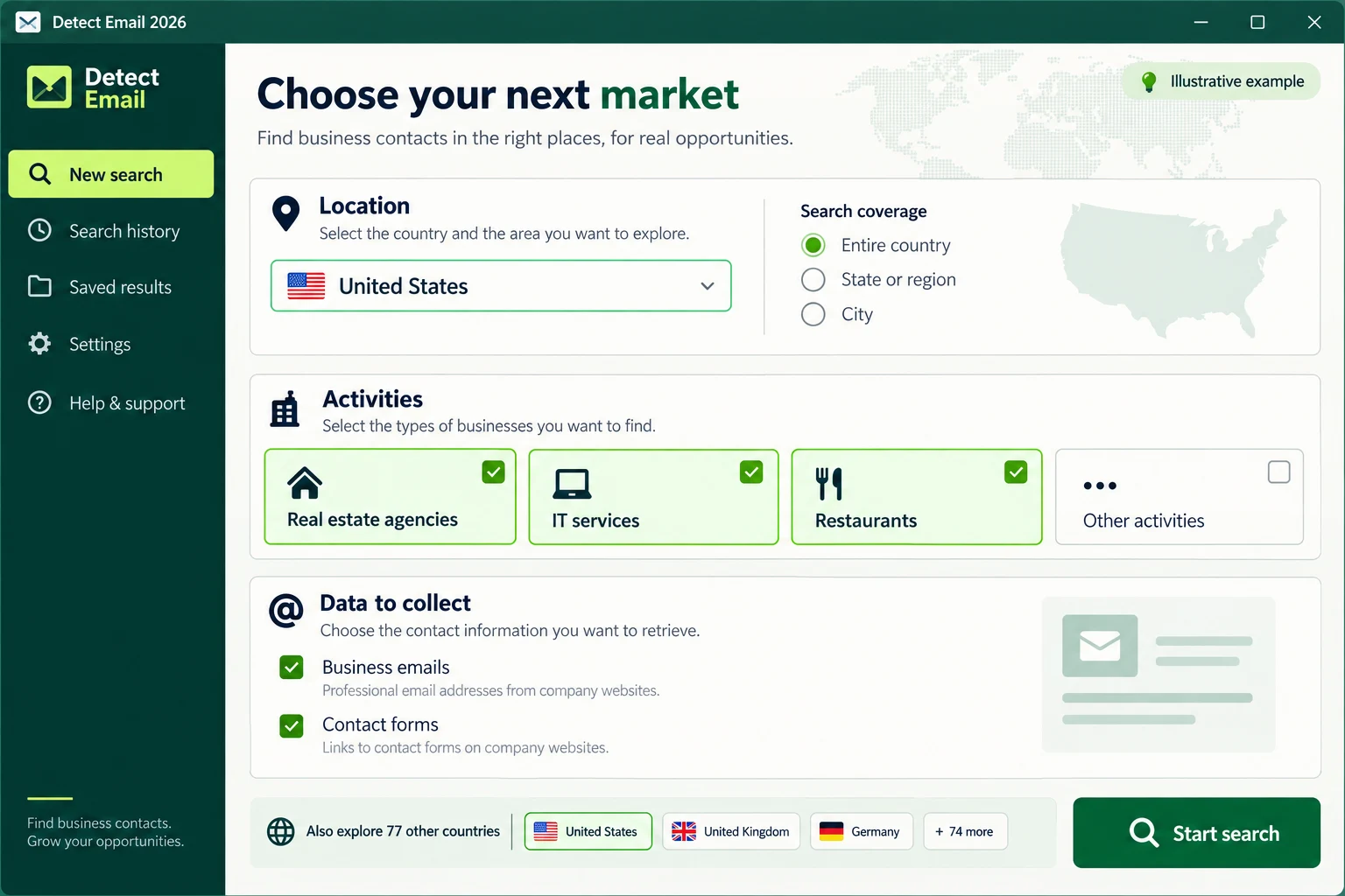 Nationwide US search settings with multiple industry examples