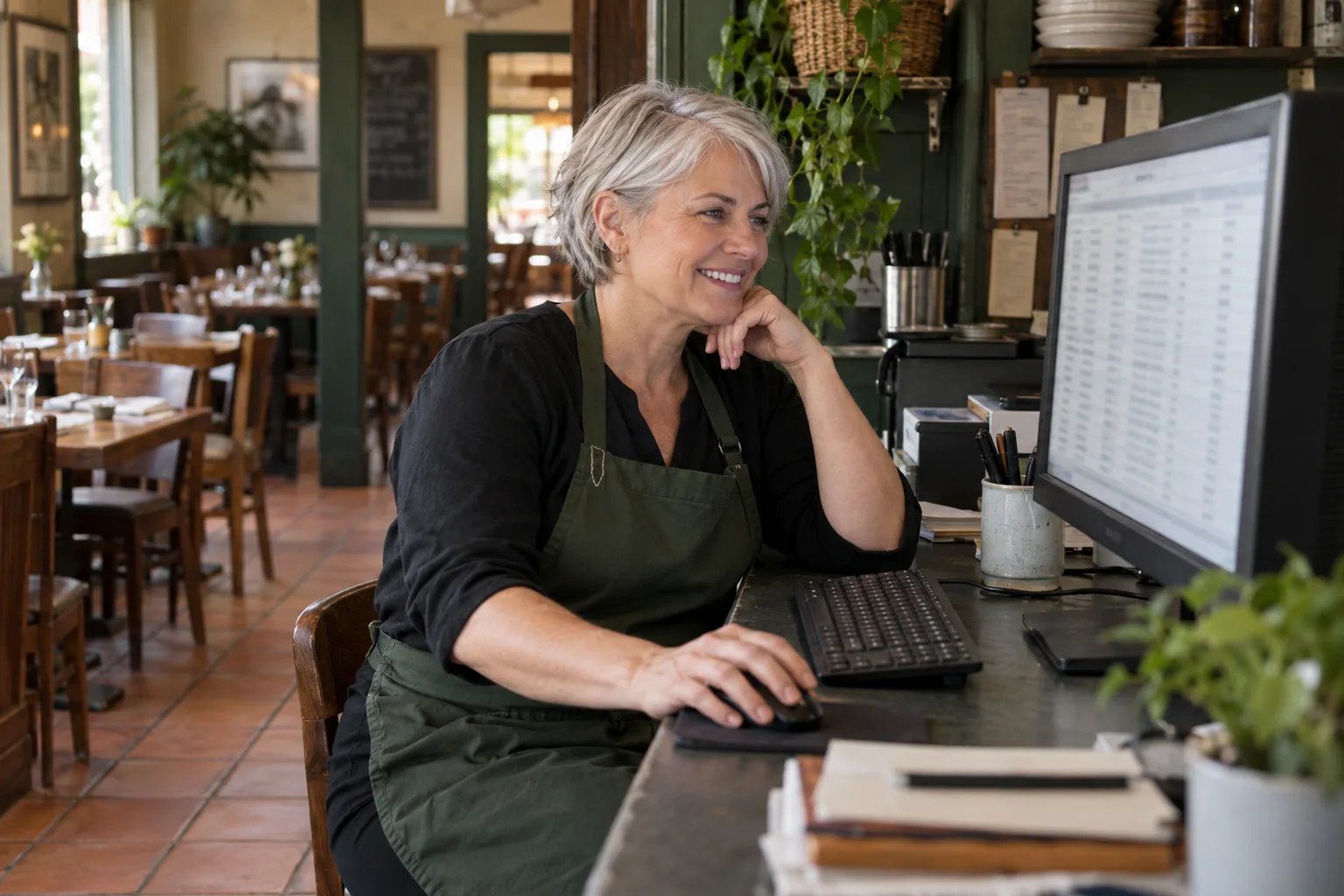 Illustrative scene: a restaurant owner reviewing business contacts on a desktop computer