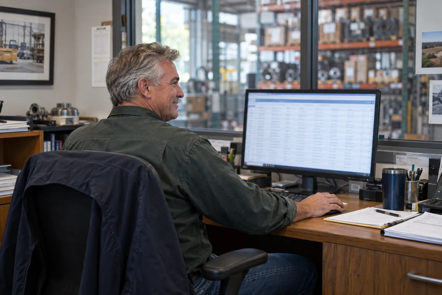 Illustrative scene: a supplier reviewing search results on an office desktop computer