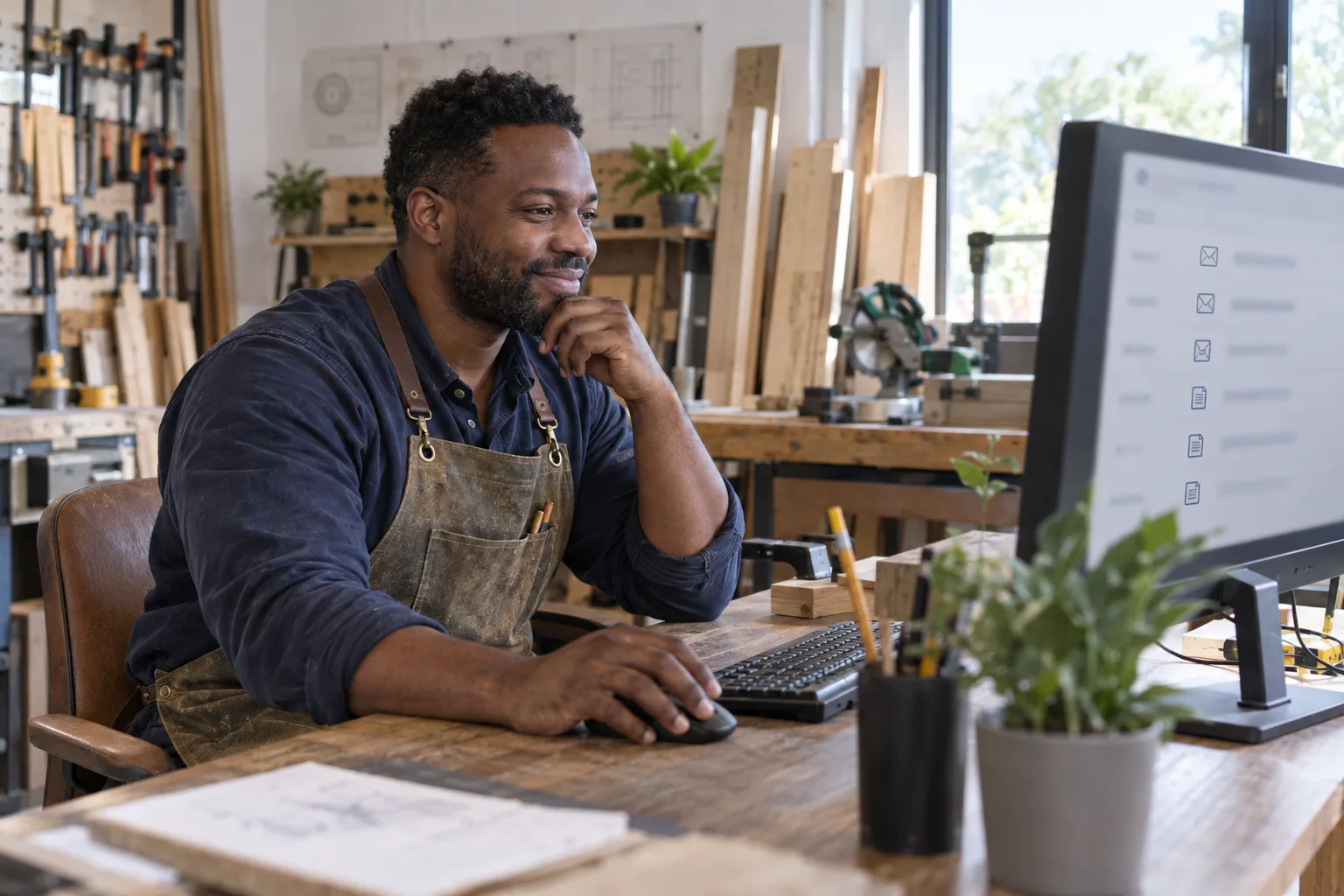 Illustrative scene: a workshop owner checking business contacts on a desktop computer