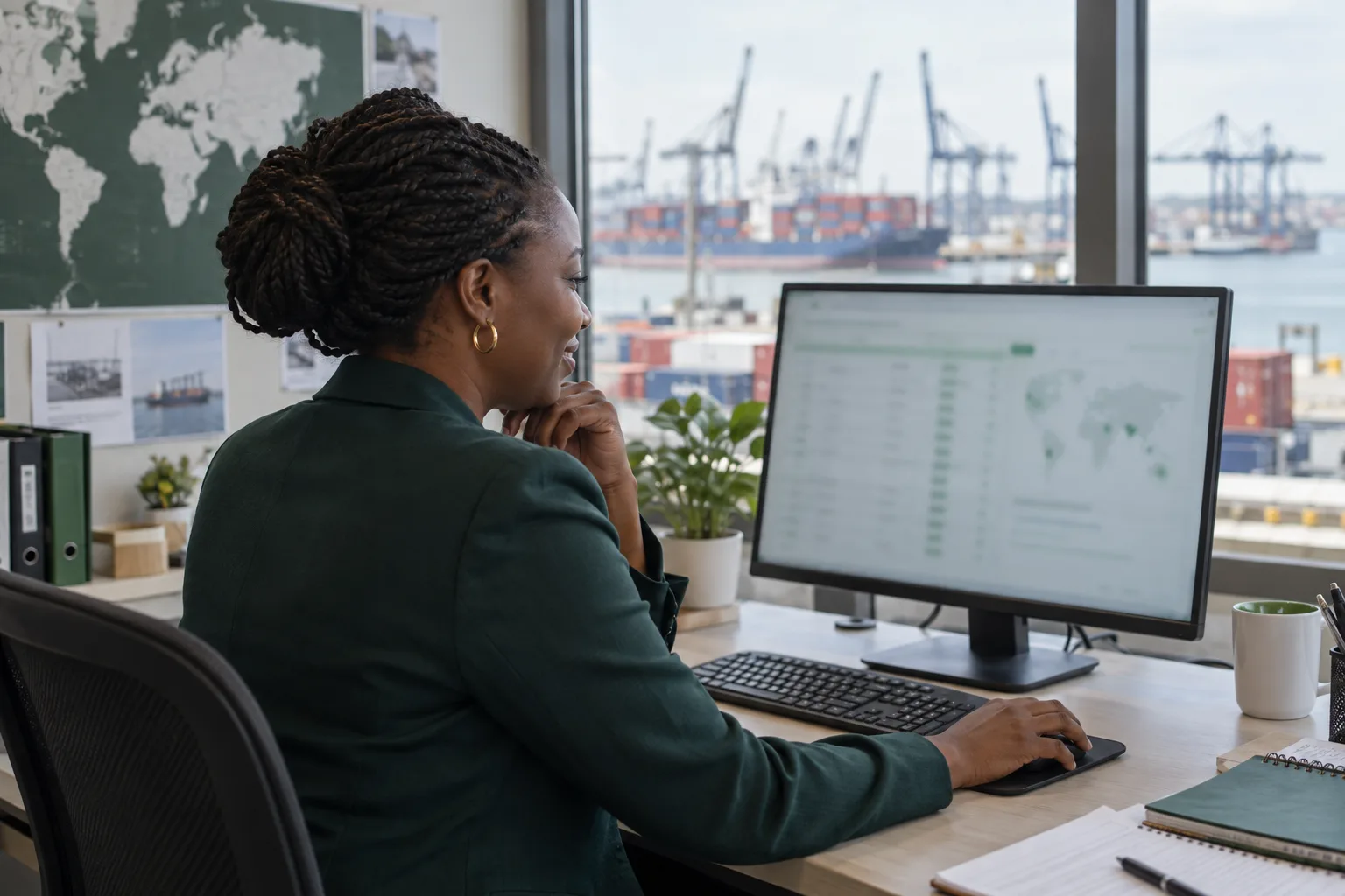 Illustrative scene: an export manager reviewing international contacts on a desktop computer