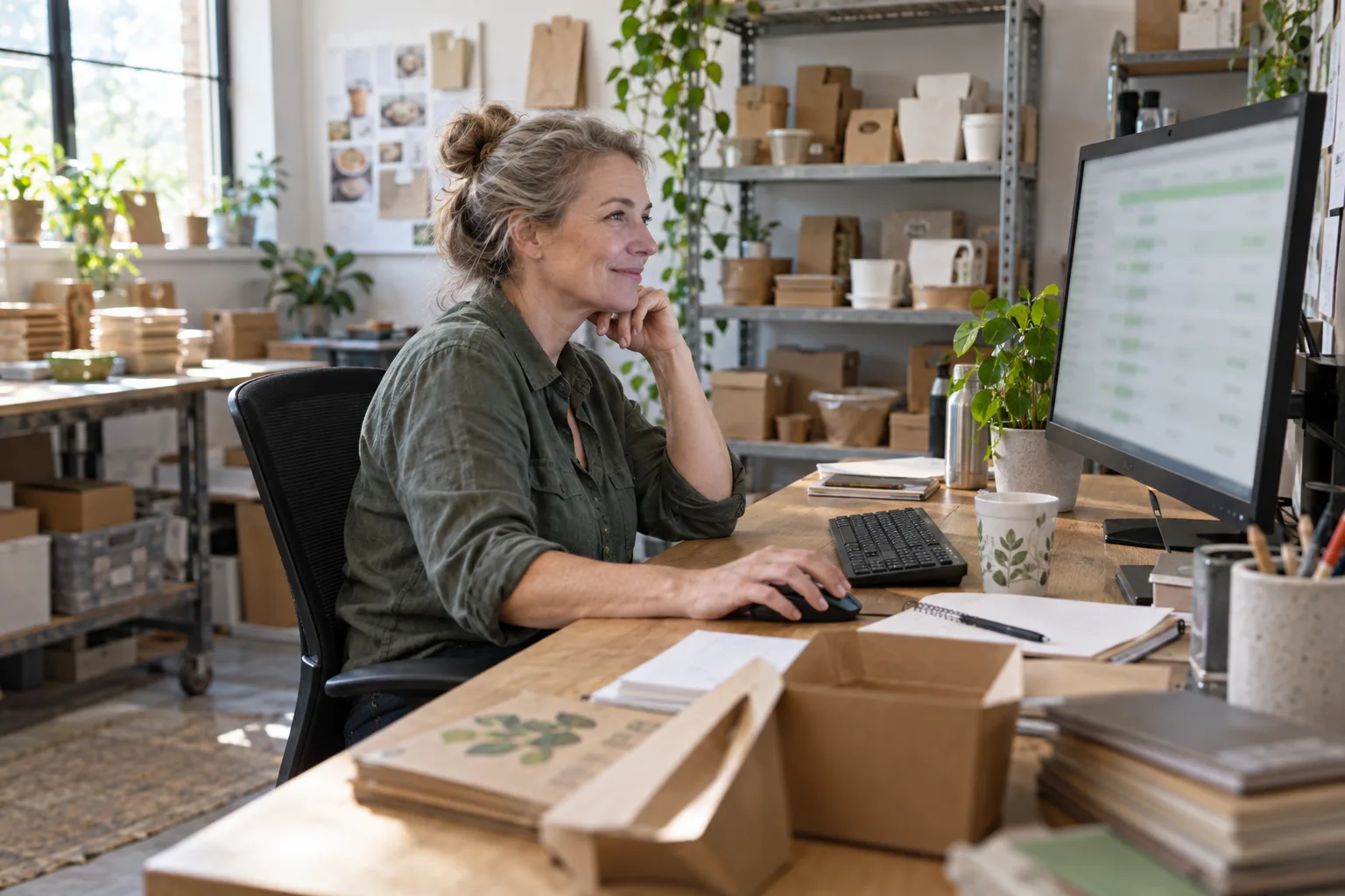 Illustrative scene: a packaging business owner reviewing prospects on a desktop computer