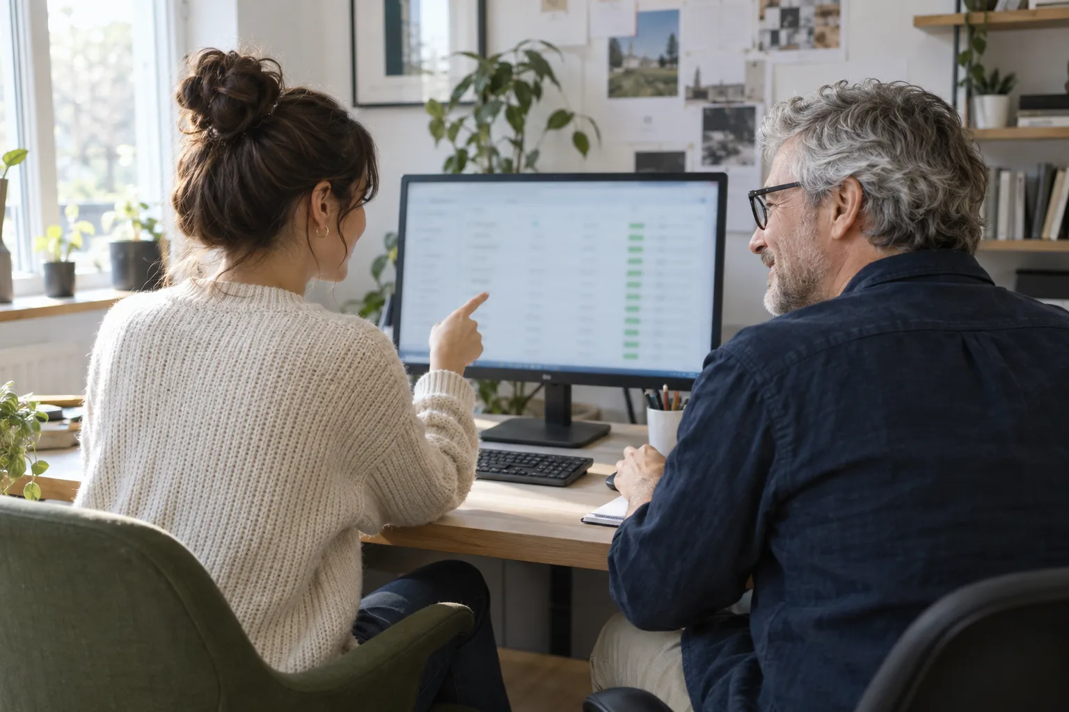 Illustrative scene: two colleagues reviewing a business list on a desktop computer