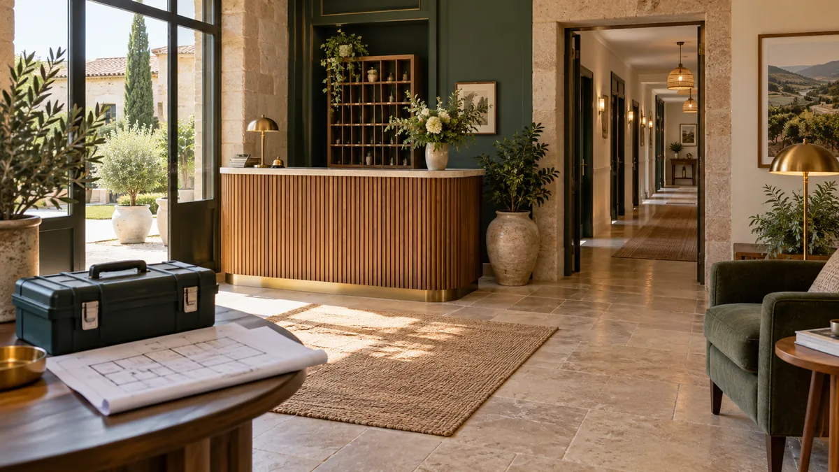 Illustrative francese hotel lobby with maintenance equipment and a building plan