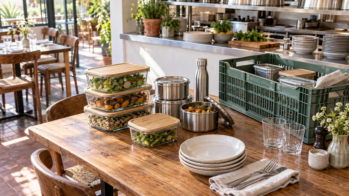 Illustrative European restaurant setting with reusable food-service packaging