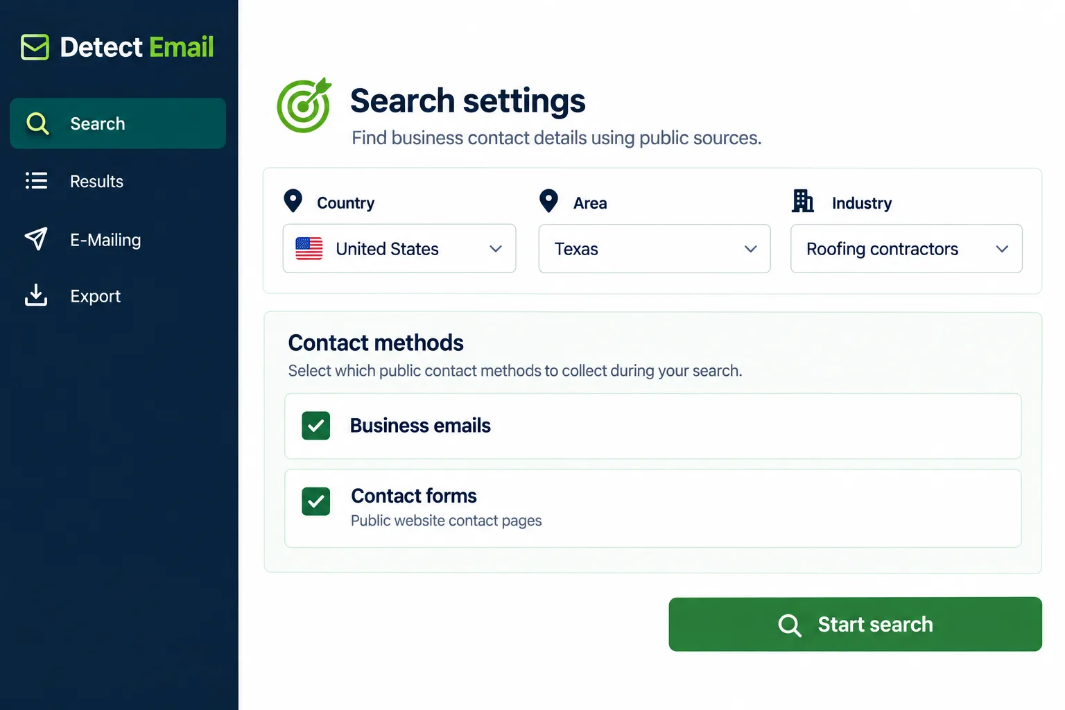 Illustrated search options with business emails and public contact forms selected