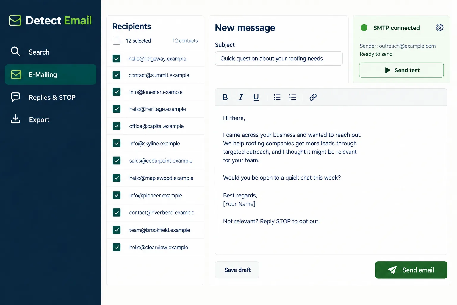 Illustrated Detect Email E-Mailing workspace with fictional recipients and SMTP connection