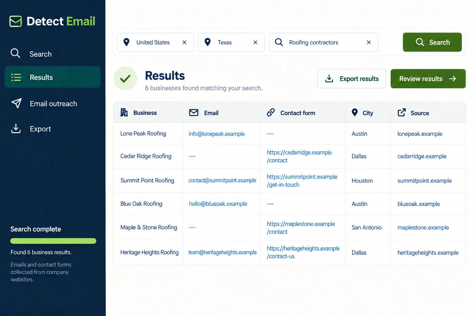 Illustrated Detect Email results table with fictional business emails and contact-form links