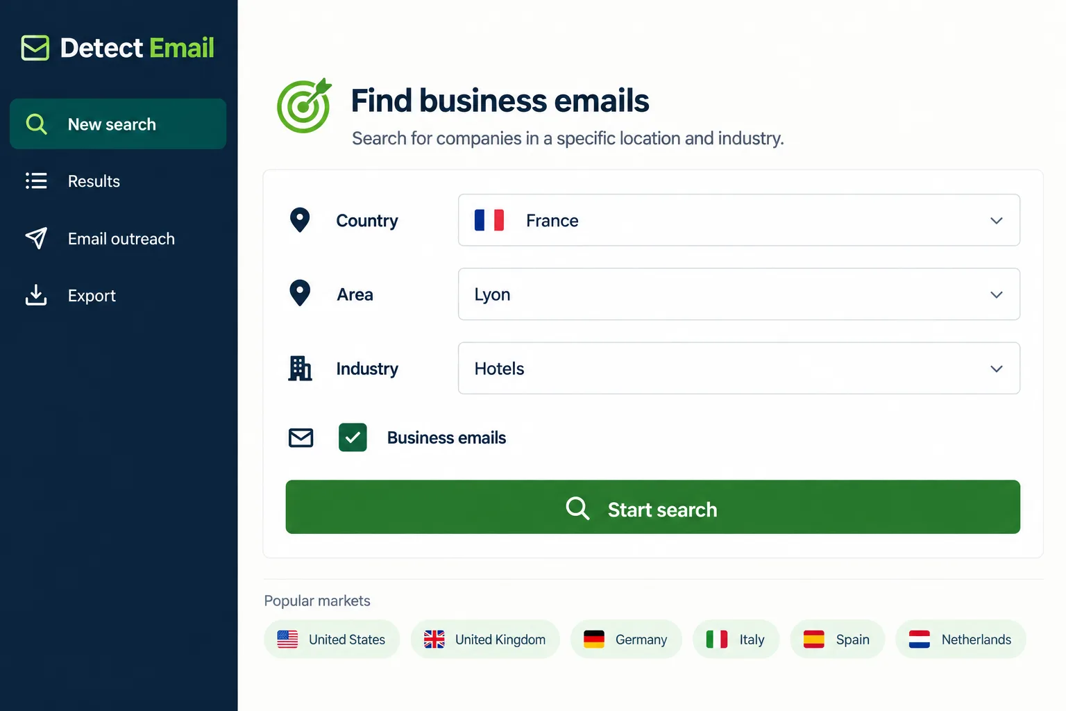 Illustrated Detect Email search settings with country, area and industry filters